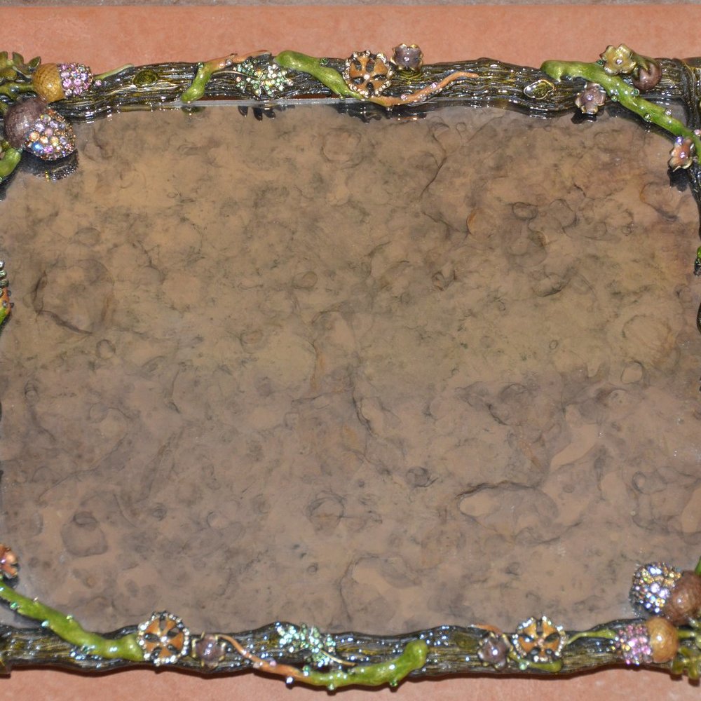 JAY STRONGWATER AUTUMN LEAF TWIG ACORN CRYSTAL ENAMEL MIRROR VANITY TRAY